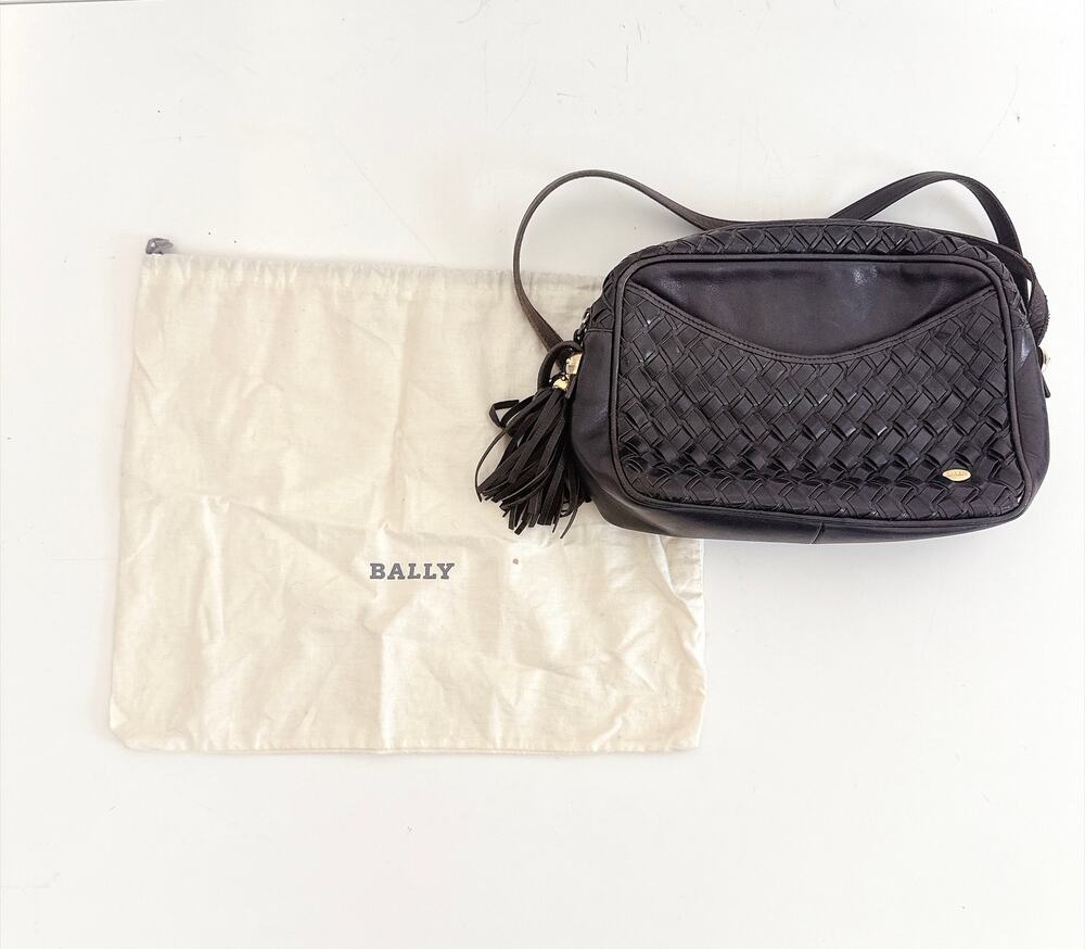 VINTAGE BALLY BLACK WOVEN LEATHER CAMERA SHOULDER BAG BASKET-WEAVE DESIGN